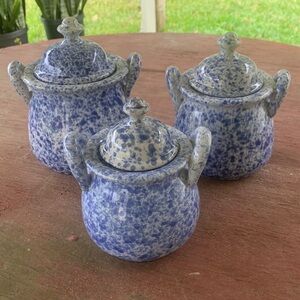 Vintage Blue Speckled Stoneware Lidded Bean Jar Set of 3